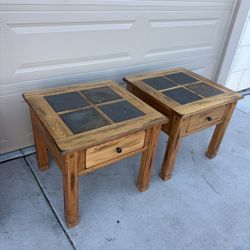 Solid Wood Slate Top End Tables – Matching Pair