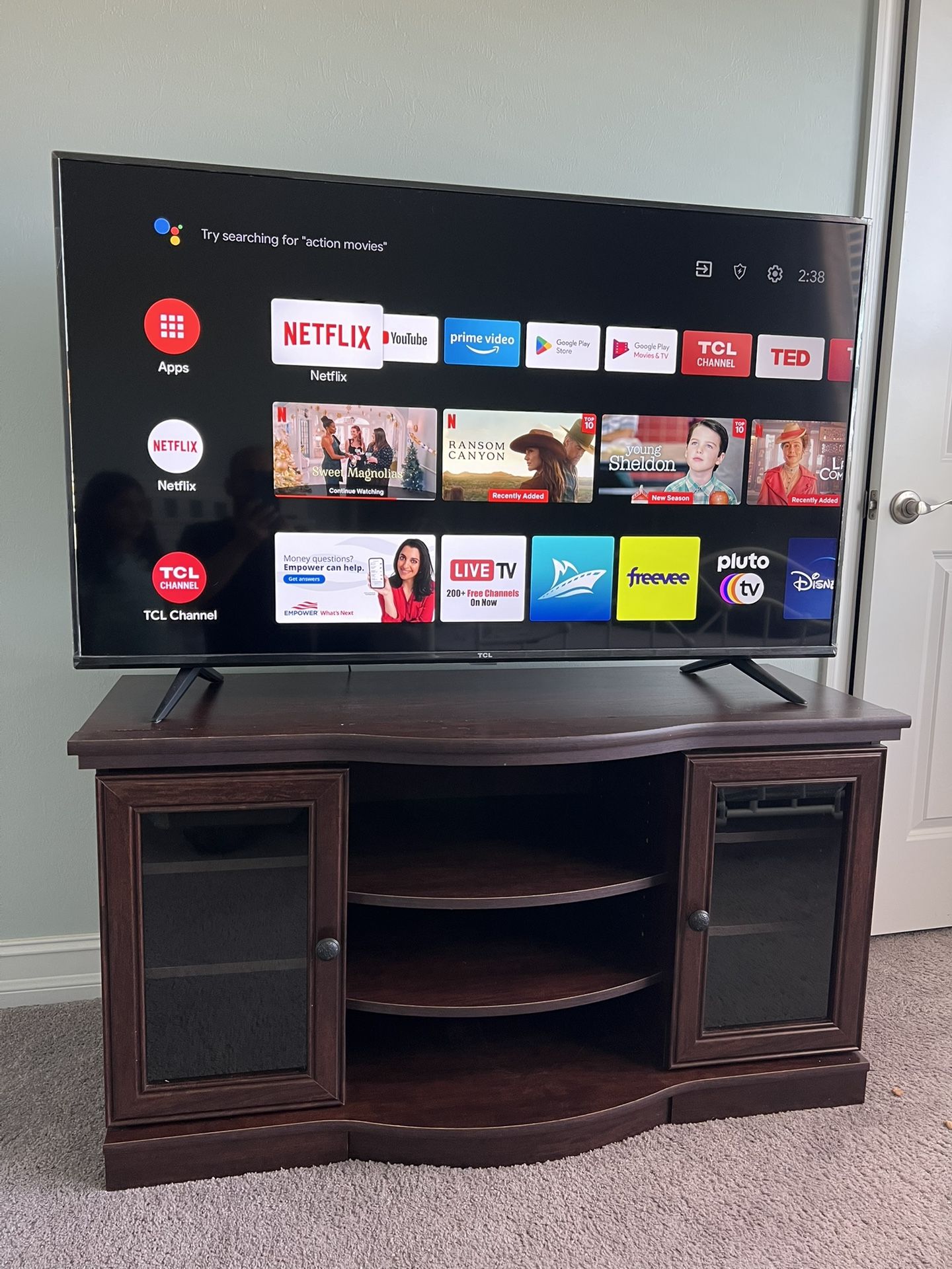 TCL 55” Smart TV + Solid Wood TV Stand - Excellent Condition