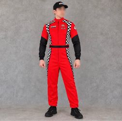 Mens XL Race Car Driver Costume Red Racing Jumpsuit Hat Halloween NASCAR Style NEW