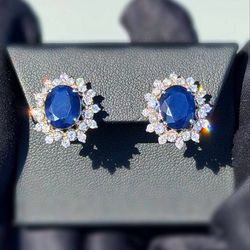 14k solid white gold 1.5CTW Natural Diamond 3CTW Sapphire stone Princess Diana flower stud earrings