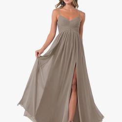 Women's V Neck Bridesmaid Dreses Long for Wedding A-Line Chiffon Open Back Formal Gown with Pockets