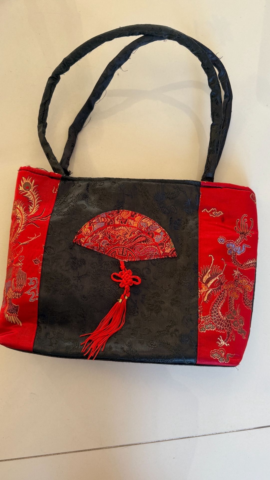 Elegant Chinese Silk Brocade Handbag – Black & Red with Embroidered Fan Design
