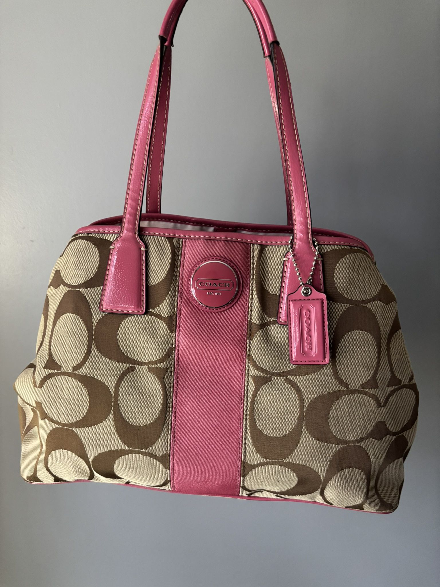 Coach Nice And Pretty Khaki Pink Signature Stripe Handbag And Matching Wallet