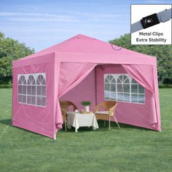 Outdoor 10x 10Ft Pop Up Gazebo Canopy Tent Removable Sidewall with Zipper,2pcs Sidewall with Windows,with 4pcs Weight sand bag,with Carry Bag-Pink