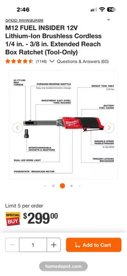 Milwaukee m12 fuel insider 12v brushless cordless 1/4 in-3/8in extended reach box ratchet