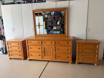 Wood Dresser with Mirror and Two Nightstands