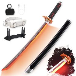 RENGENG Light Up Sword, 30 Inches Short for Kids, Rechargeable Pre-Assembled Plastic Replica with Belt & Stand & Spinner, Original Texture Sword