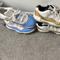 Men Size 9 White Nikes, with Smiling Face $70) (Blue, Gold, Low Top Jordan’s 11  $95 each (2 Pairs $180.00) Used In Very Good Condition!!