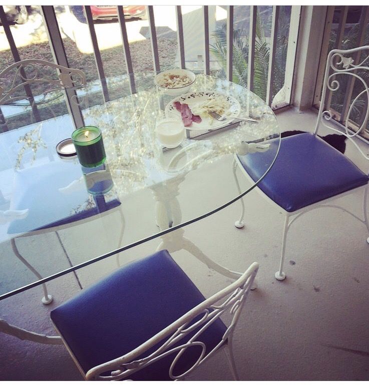 4 chair raut iron, glass table patio/lanai table set