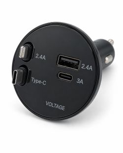 Multi-Port Car Charger with Built-in Cables – USB-C / Lightning