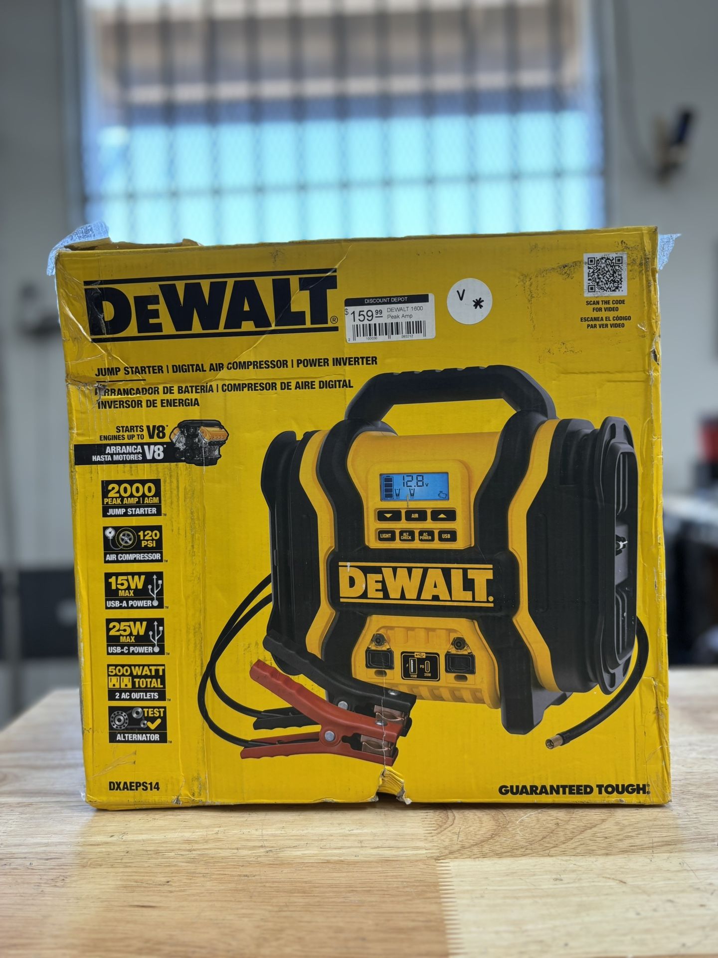 DEWALT 1600 Peak Amp Portable Car Jump Starter with 120 PSI Digital Air Compressor and 500-Watt Inverter
