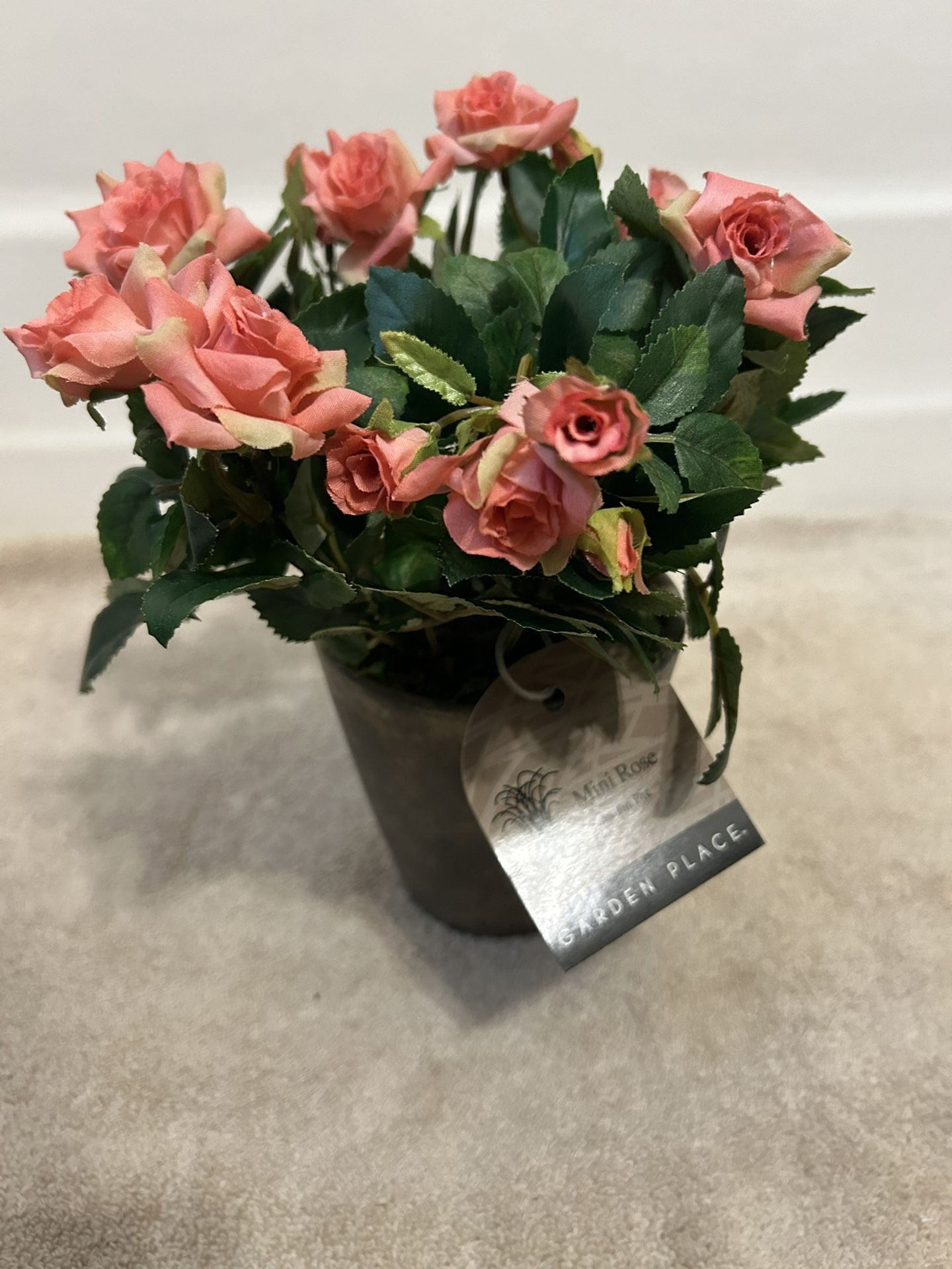 Mini Silk Pink Roses Pot Measures 10” (H)