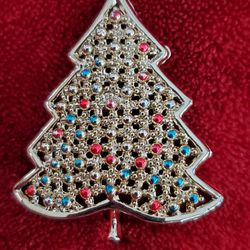 Vintage Designer Chain Holiday Christmas Tree Blue Red Enamel Goldtone Brooch