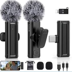 Wireless Mini Microphone for iPhone, iPad, Android Phone, 2 Pack Lavalier Mic with 360° Rotatable Clip, Plug and Play Noise Reduction USB-C Lapel Mic