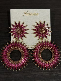 Natasha Earrings.  Statement Gold Tone Sunflower. Fuschia Rhinestones New