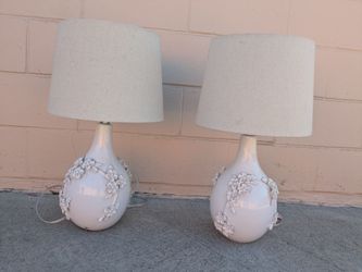 Pair of White Ceramic Floral Table Lamps