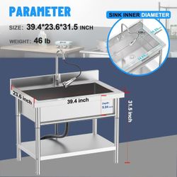 🥨Stainless Steel Utility Sink, 39.5" × 23.6" × 31.5"Freestanding Sink with Retractable Cold and Hot Water Faucet,Hoses and Drain Kit 
