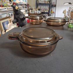 Pyrex Corning Visions Grab-It Bowl 24 OZ Amber Corning Ware W/Lid Vintage 80's V-240-B & C