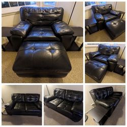 Genuine Black Leather Couch Oversized Chair Ottoman Set