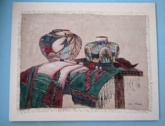 Large Vintage Southwest Painting On Burlap Over Canvas 39 3/4" X 49"