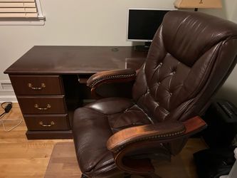 Wood Desk and Leather Executive Chair Set