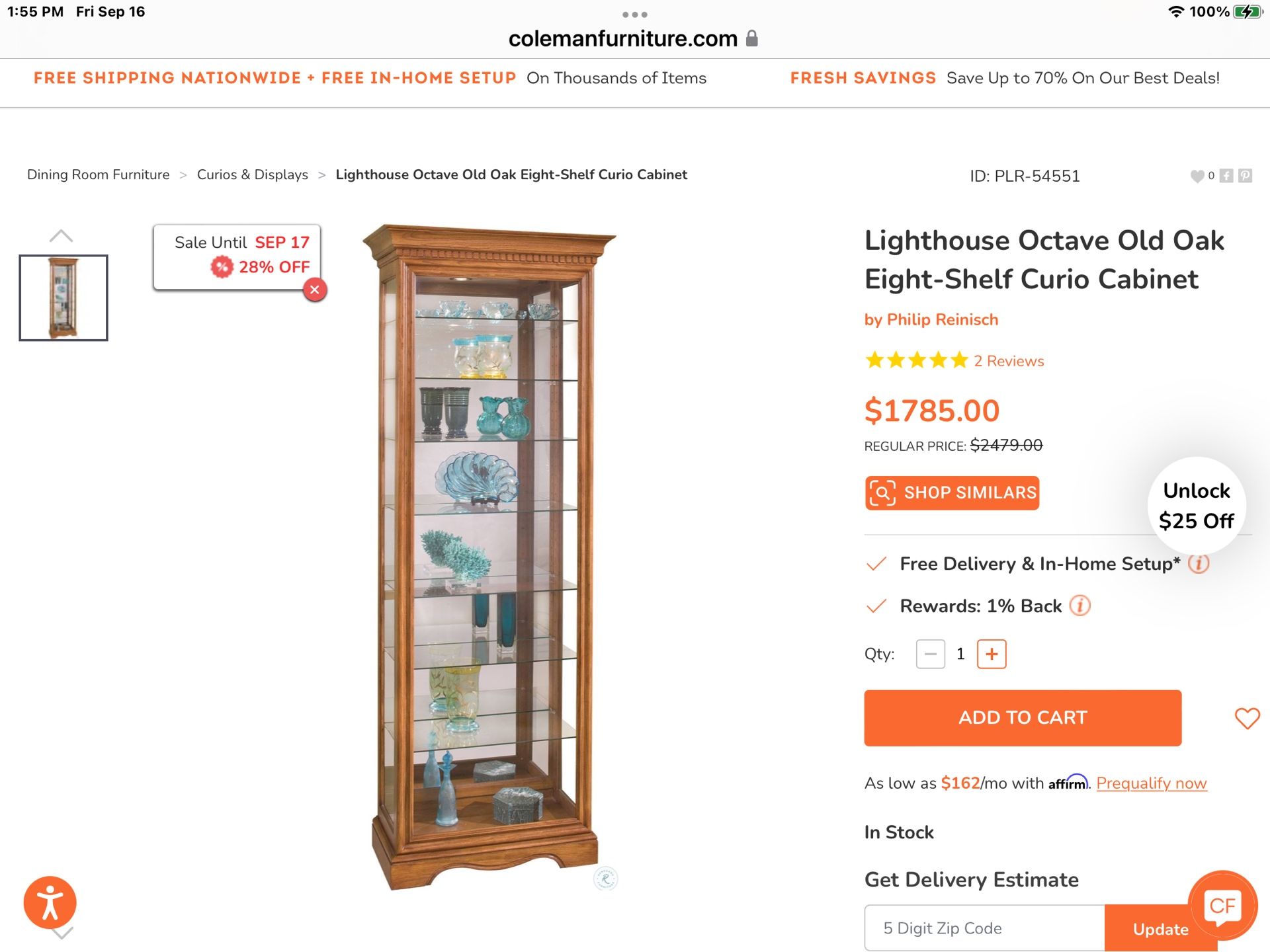 Curio Cabinet -Philip Reinisch. Lighthouse Old Octave Eight Shelf Curio Cabinet