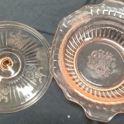 Pink Rose Depression Glass Dish W/ Lid