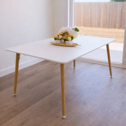 43.5” White Dining Table – Solid Top + Wood Legs – Modern Minimal