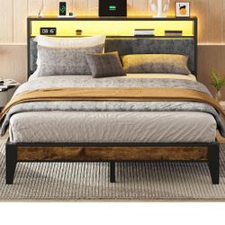 OLEVS Queen Bed Frame Metal Platform Bed Queen Size with 2-Tier Storage & LED Light Headboard, Charging Station Type C, No Box Spring Needed