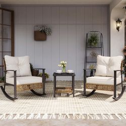 Brand new LAUSAINT HOME 3-Piece Rocking Bistro Set, Outdoor Patio Furniture with Thick Cushions and 2-Tier Coffee Table, Oversize Rattan Conversation 