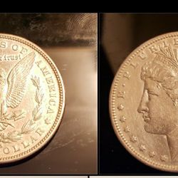 1879 E 0NE DOLLAR SILVER COIN 18 RED & BLUE ONE & TWO DOLLARS BILL