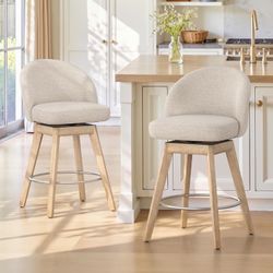 Set of 2 Swivel Bar Stools, 26" Counter Height Bar Stools, Fabric Upholstered Stools, Dark Linen Color