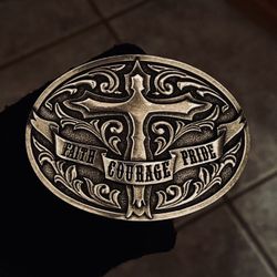 Antiqued Silver Oval Buckle Cody James Cross Faith Courage Pride