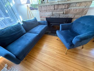 Blue Velvet Sofa + Matching Accent Chair Set – Mid-Century Style