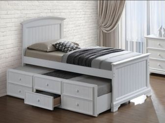 Brand New White Twin Size Bed Frame w Trundle Bed + Drawers