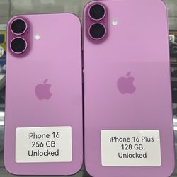 Pink iPhone 16 & 16 plus unlocked. Cash or $50 down w approval
