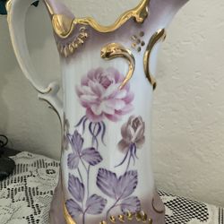 Vintage Pitcher Handpainted Rose Pink Purple Gold Trim
