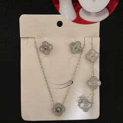 Silver Clover Necklace, Bracelet & Earrings Set