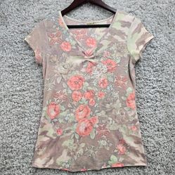 One World Shirt Womens Medium Floral Roses Embellished V-Neck Y2K READ 