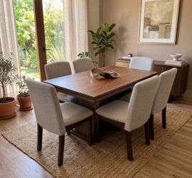 Wood Dining Table with 6 Upholstered Chairs