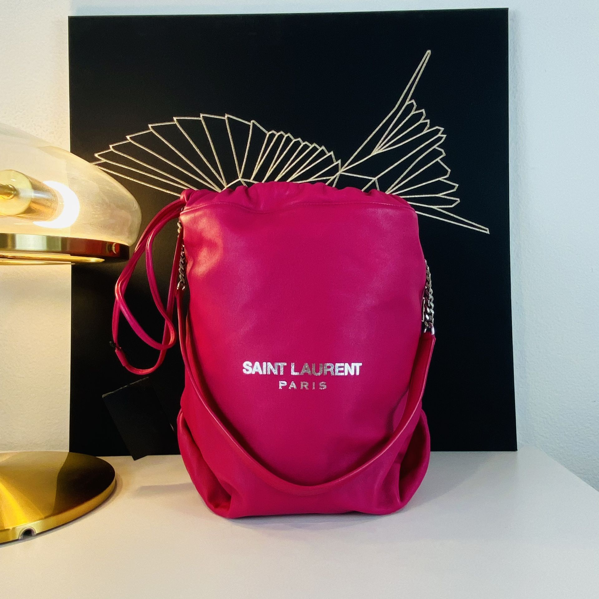 Saint Laurent Paris Teddy Drawstring Pink Bucket Shoulder Bag $2,400