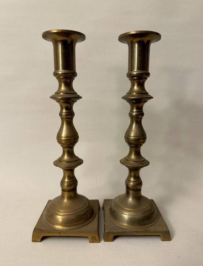 Vintage Pair Solid Brass Pillar Candle Stick Holders Made In Hong Kong