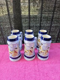 Vintage Collectible Ceramic Set Of 6 Mug 8" Beer Stein From Acatlipa Mor. Mexico