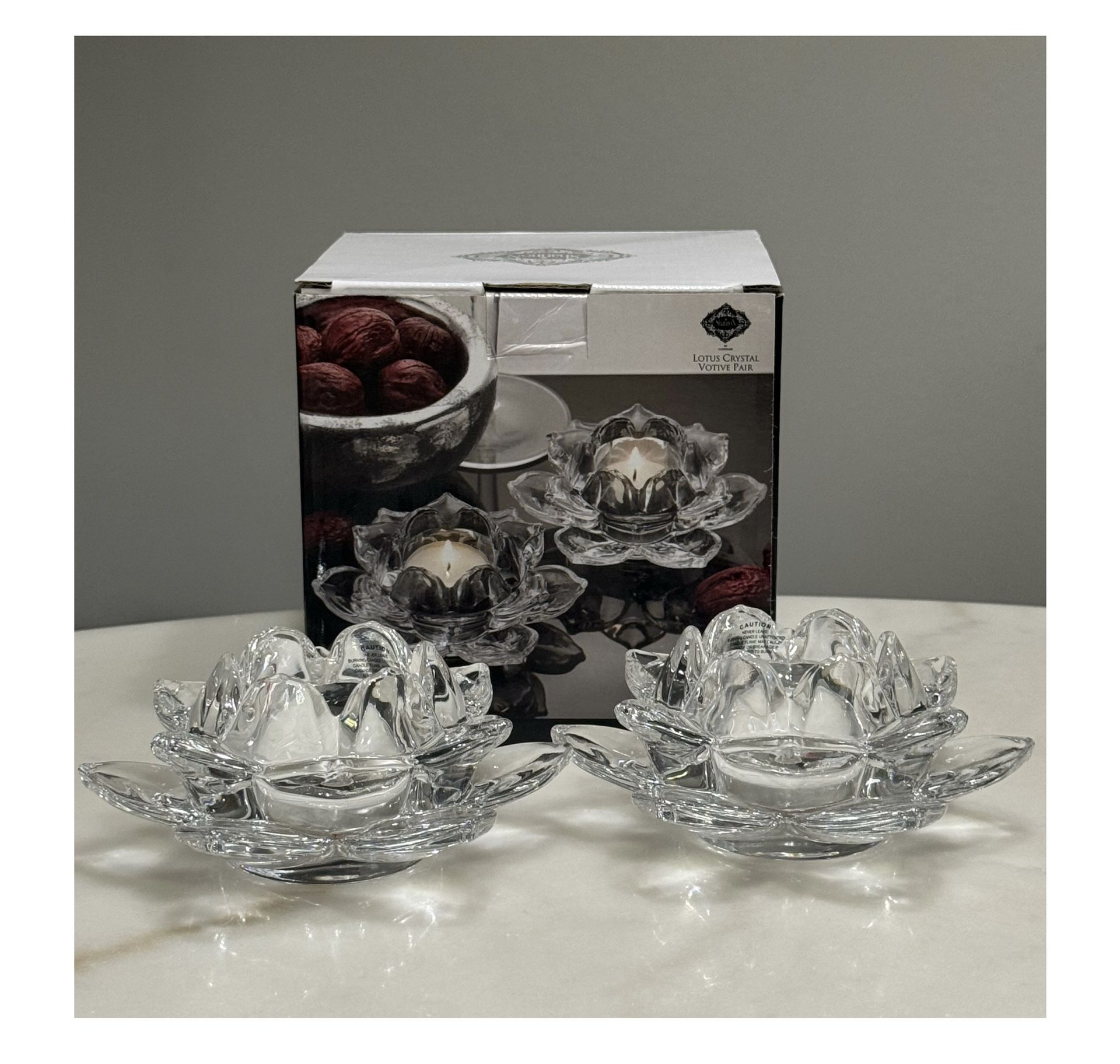 Brand new Shannon by Godinger Lotus Crystal Votive Pair Candle Holders Set of 2 