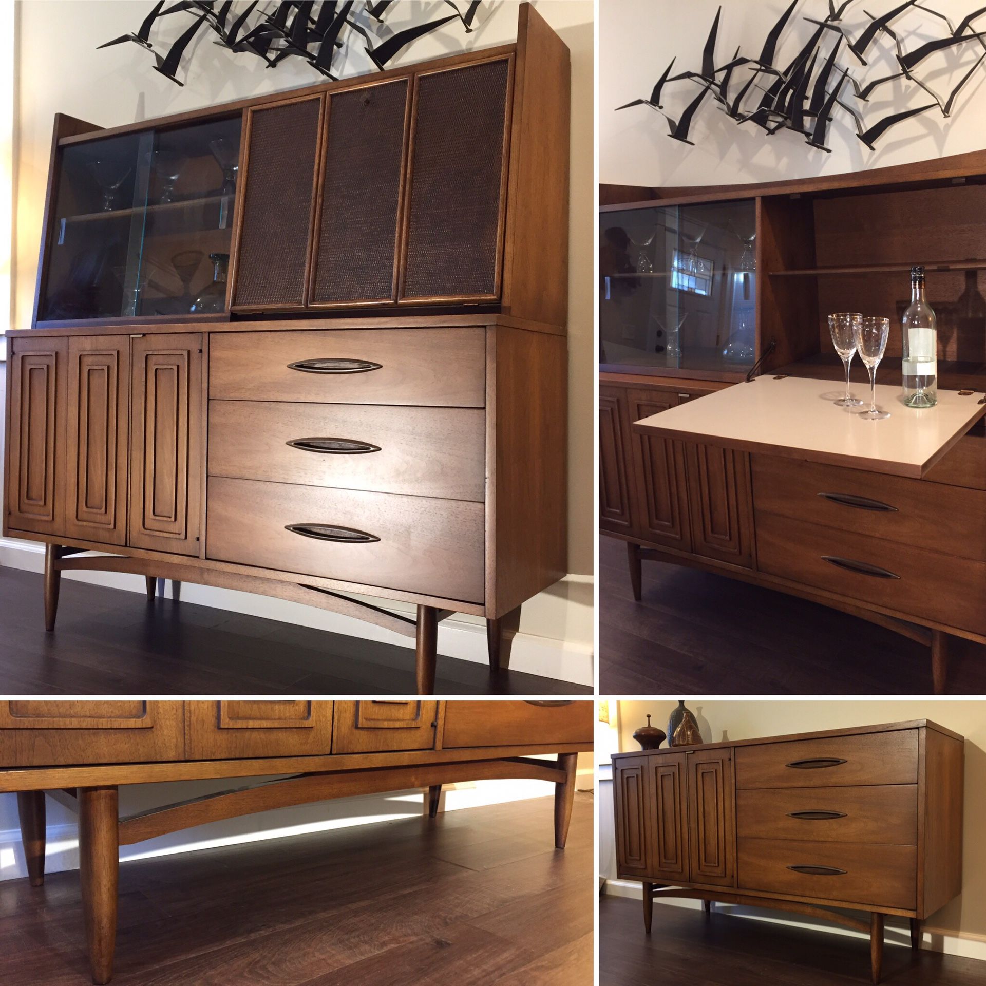Mid Century Broyhill Sculptra Credenza With China Cabinet / Drop Bar Top
