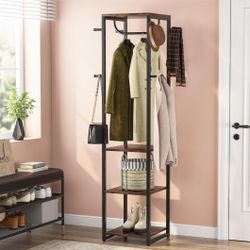 Freestanding Coat Rack with Shelves and Hooks