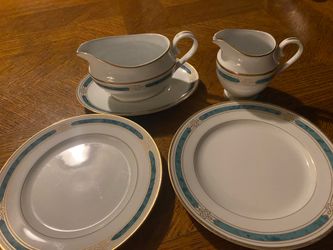 Vintage Gorham China 2plates and Gravy Boat set  ,cream pot Regalia court teal