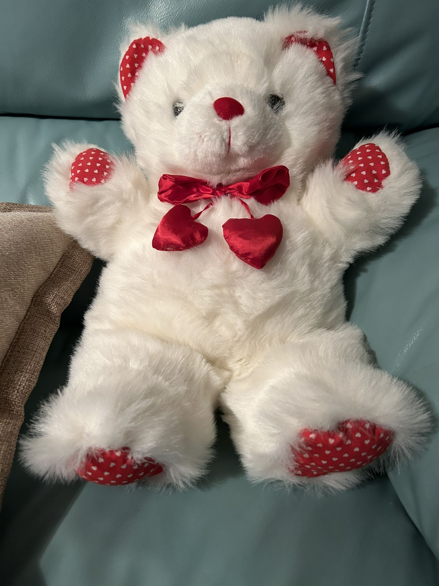 Valentine’s White Bear With Red Hearts Tie And Red & White Polka Dot Paws And Ears 