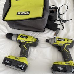 Like New - Ryobi Impact Driver, Drill, 2 Batteries And Charger, Carrying Case