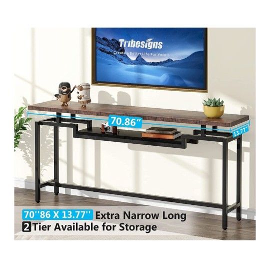Tribesigns 70 inch Sofa Table, Narrow Long Console Table with 2 Tiers, Industiral TV Console Behind Couch Table with Storage for Entryway, Living Room